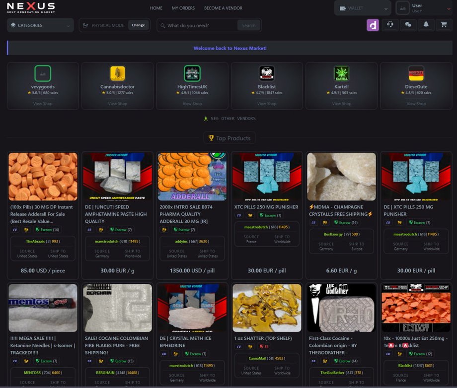 Nexus Darknet marketplace user interface screenshot showing market categories